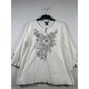T and Company 100% Cotton White Brown 3/4 Sleeve Embroidered Floral Shirt Sz XL
